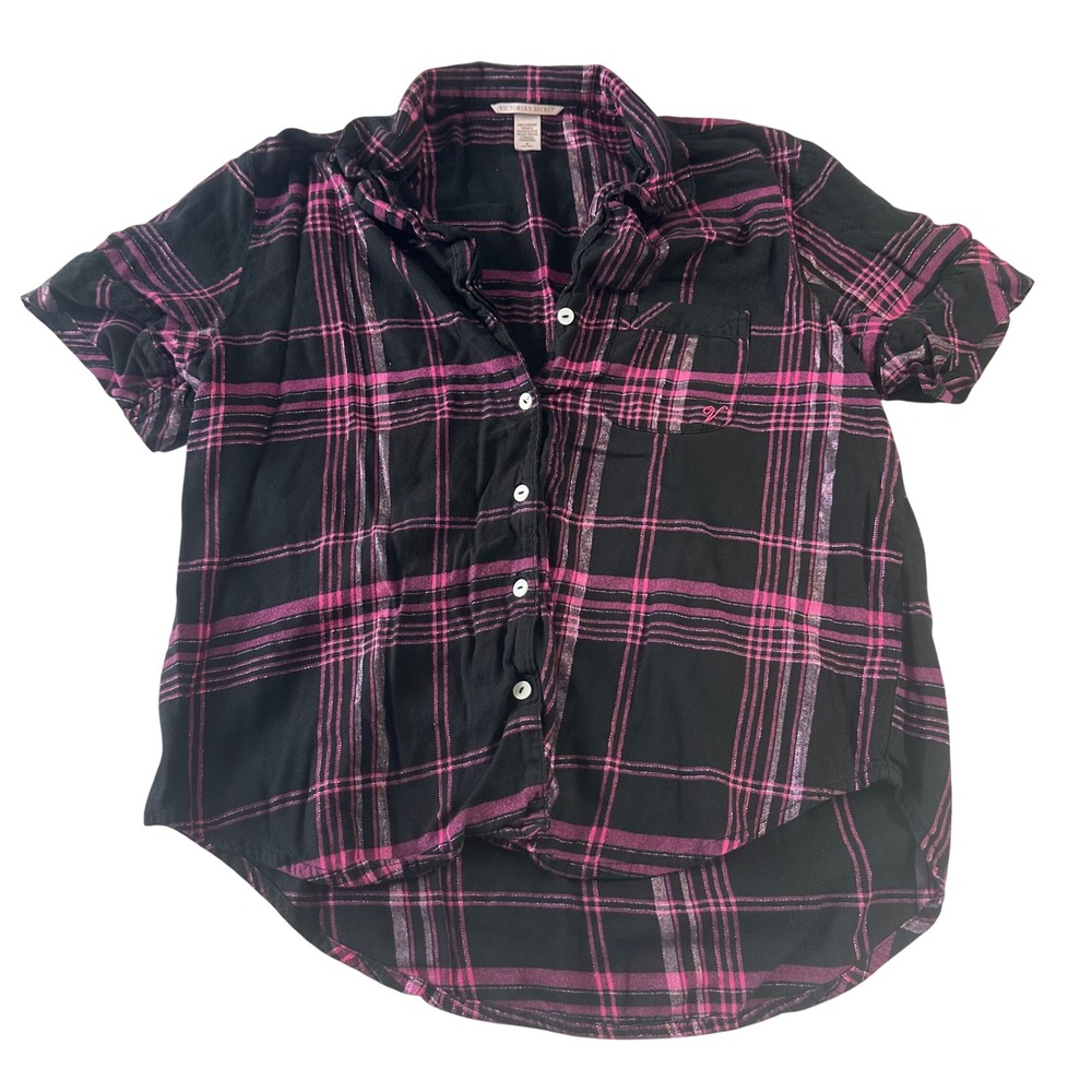 Victorias Secret Pink Black Plaid Metallic Short Sleeve Button Up Top M 411567